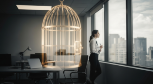 A person looking out a window, appearing thoughtful and slightly trapped in a modern office, with a faint image of a golden cage overlai