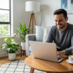 A happy person working on their laptop in a bright living room, illustrating one of the simple side hustles anyone can start from home to make extra money