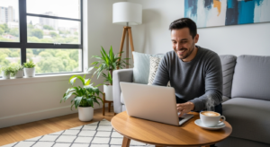A happy person working on their laptop in a bright living room, illustrating one of the simple side hustles anyone can start from home to make extra money