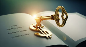 A conceptual image of a brain split in two. One side represents a scarcity mindset with dark, wilting plants and padlocks. The other side glows with golden light, illustrating a rich, abundance mindset with a flourishing money tree, bright ideas, and gears of wealth turning
