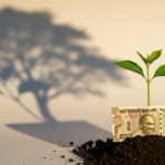 A visual metaphor for the power of compounding: a tiny sapling, nurtured by a 500 Rupee note, casts a large shadow of a mature tree, representing small investments growing into significant wealth over time with the power of compounding