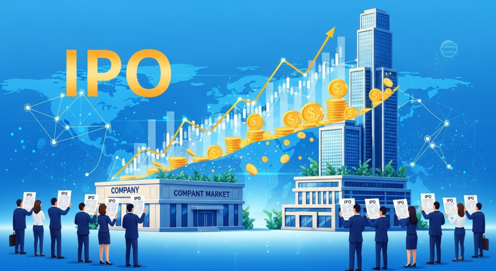 What is an IPO. illustration showing investors, stock market growth, and a company going public in India