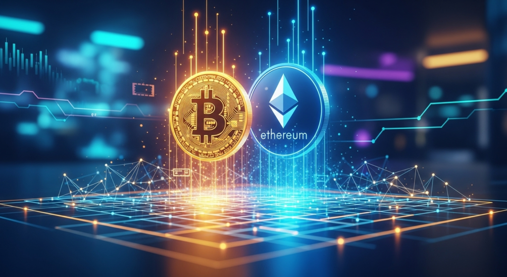 What is Cryptocurrency. Illustration showing Bitcoin, Ethereum, and blockchain digital network for global finance