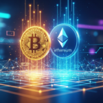 What is Cryptocurrency. Illustration showing Bitcoin, Ethereum, and blockchain digital network for global finance