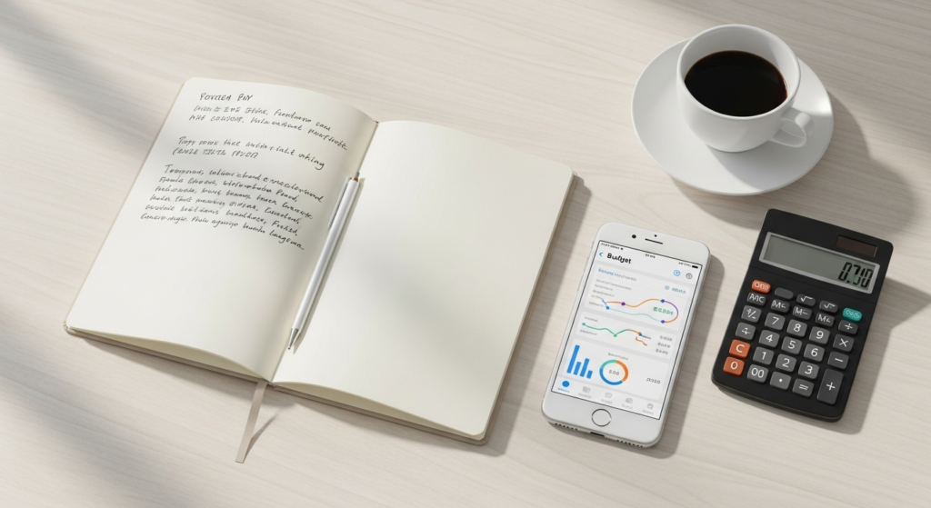 Minimal flat lay of a journal, smartphone with expense tracking app, calculator, and coffee cup on a desk for stress-free budgeting