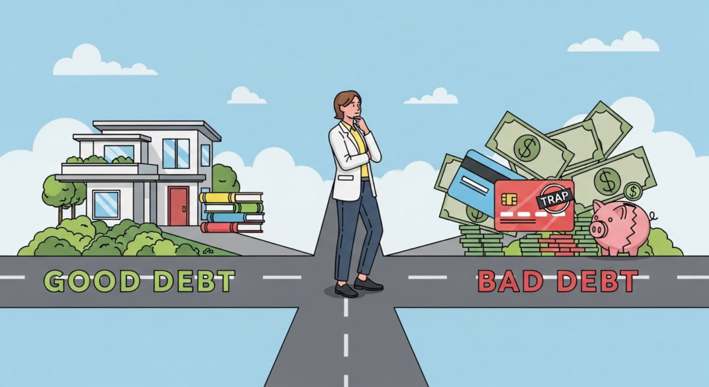 What is Debt ? Person choosing between good debt and bad debt paths