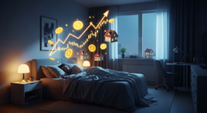 Person sleeping peacefully at night while symbols of money, stocks, and real estate float above, representing the idea of building wealth while you sleep