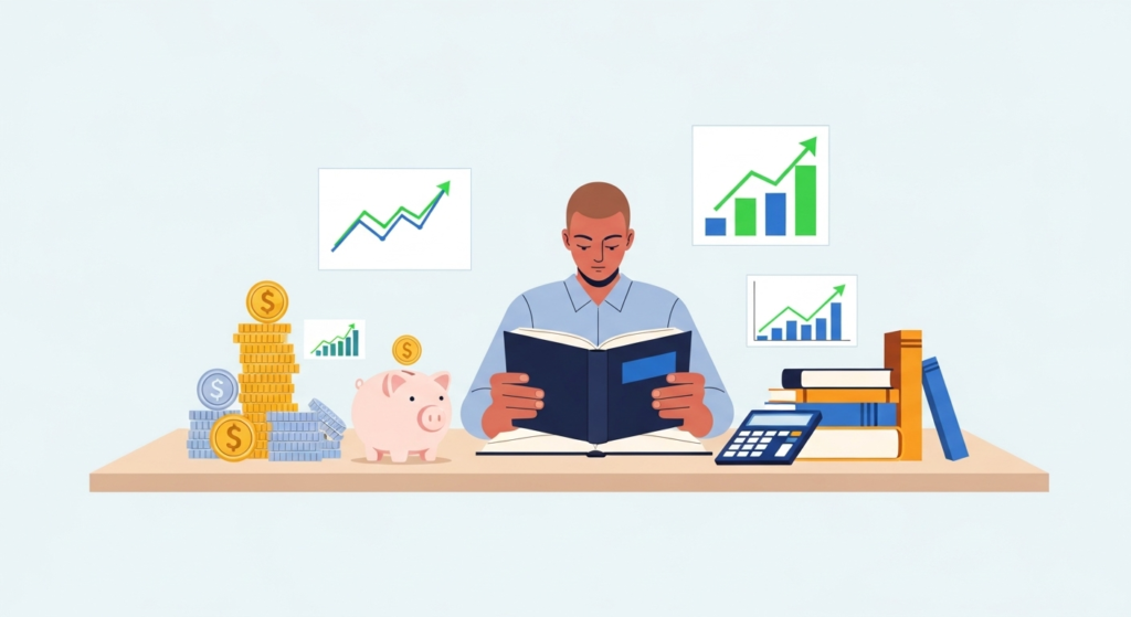 Money lessons that schools never teach – budgeting, saving, investing, and financial independence illustrated with books, piggy bank, and financial charts