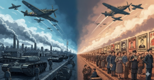 Concept illustration of a war economy showing factories producing weapons, military aircraft, rationing, and civilians affected by wartime production