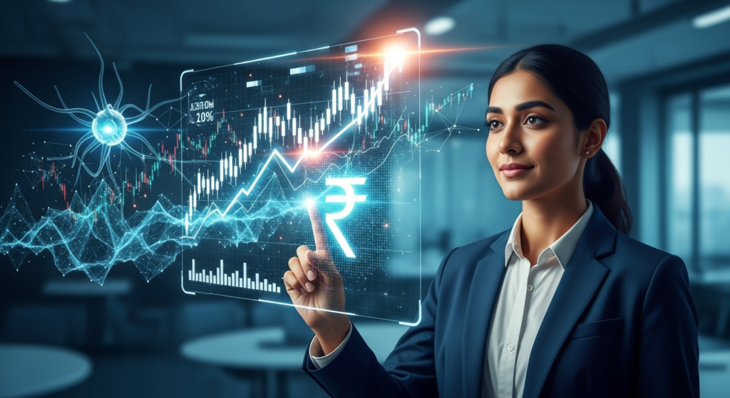 A young Indian professional using an AI-powered holographic interface to analyze financial data, illustrating how AI can make you financially strong