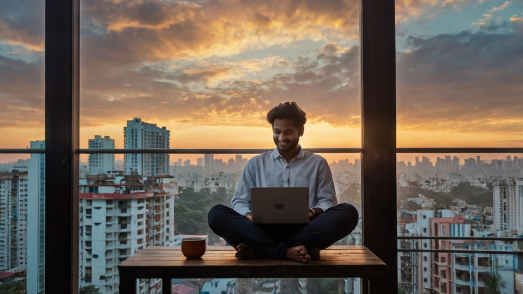 15 Smart Ways to Earn Passive Income in India. A vibrant and optimistic image depicting a young, modern Indian person (man or woman) sitting comfortably on a balcony with a laptop and a cup of chai. The background shows a soft-focus view of a bustling Indian city skyline at sunrise. From the laptop, several glowing, semi-transparent icons are floating upwards, representing different income streams: a stock market graph, a house icon (for rent), a YouTube play button, and a rupee symbol (₹). The person is looking at the icons with a relaxed and confident smile, perfectly capturing the theme of "earning smart" and financial freedom