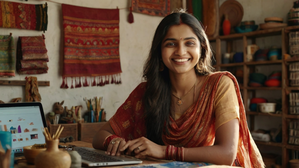 A young Indian woman shows how to make money from a hobby in India by selling her handicrafts online from her home studio