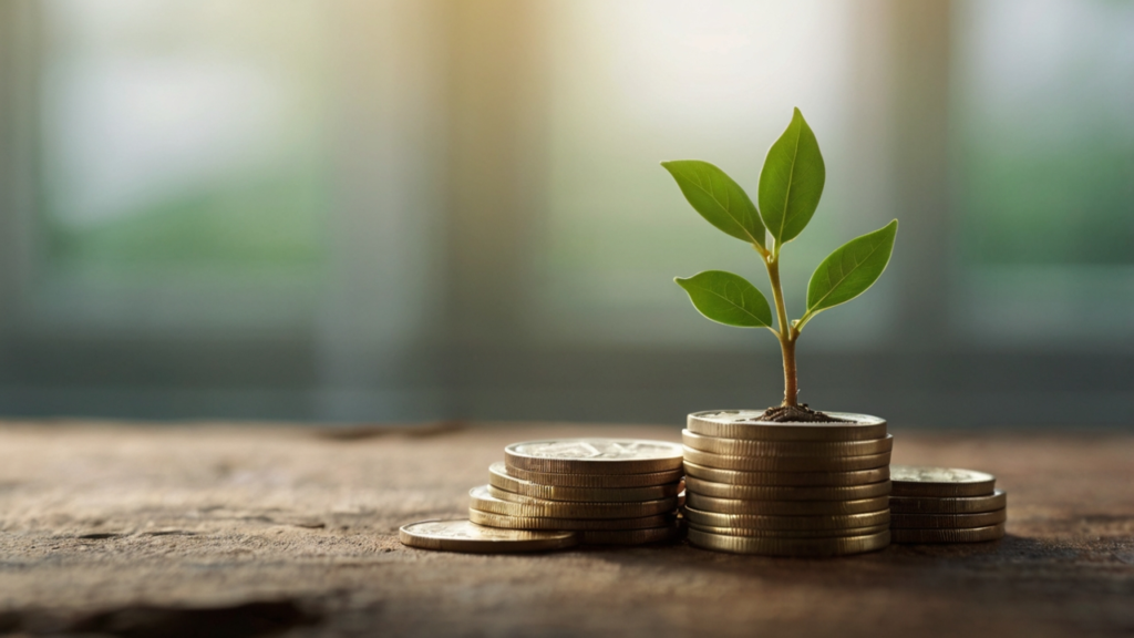 10 Small Financial Habits That Separate the Rich from the Rest. A small green sapling growing from a stack of Indian rupee coins, representing small financial habits that lead to wealth.