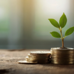 10 Small Financial Habits That Separate the Rich from the Rest. A small green sapling growing from a stack of Indian rupee coins, representing small financial habits that lead to wealth.
