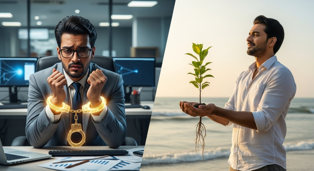 A split image showing a man with golden handcuffs in an office, contrasted with the same man free on a beach, illustrating why earning more won't make you rich, but mindset does.