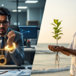A split image showing a man with golden handcuffs in an office, contrasted with the same man free on a beach, illustrating why earning more won't make you rich, but mindset does.