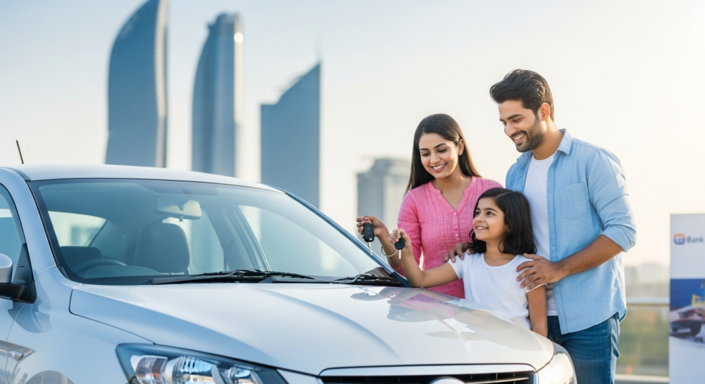 The Ultimate Guide to Getting a Car Loan in India. A happy Indian family standing next to their new silver car, with a city skyline in the background, symbolizing car ownership and financial achievement
