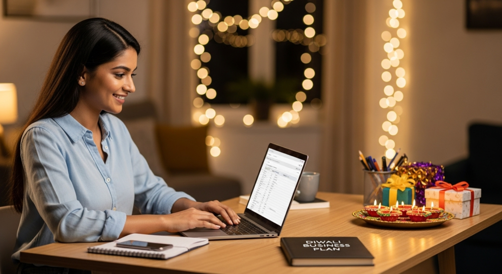 An Indian woman entrepreneur plans her Diwali business Ideas on a laptop, with festive decorations like lit diyas and a gift hamper on her desk