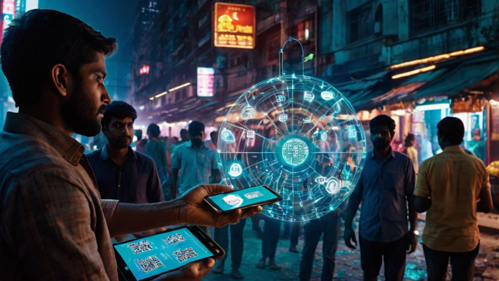 Digital India concept — people using mobile phones for payments with QR codes and glowing rupee symbols representing India’s move toward a cashless economy by 2030