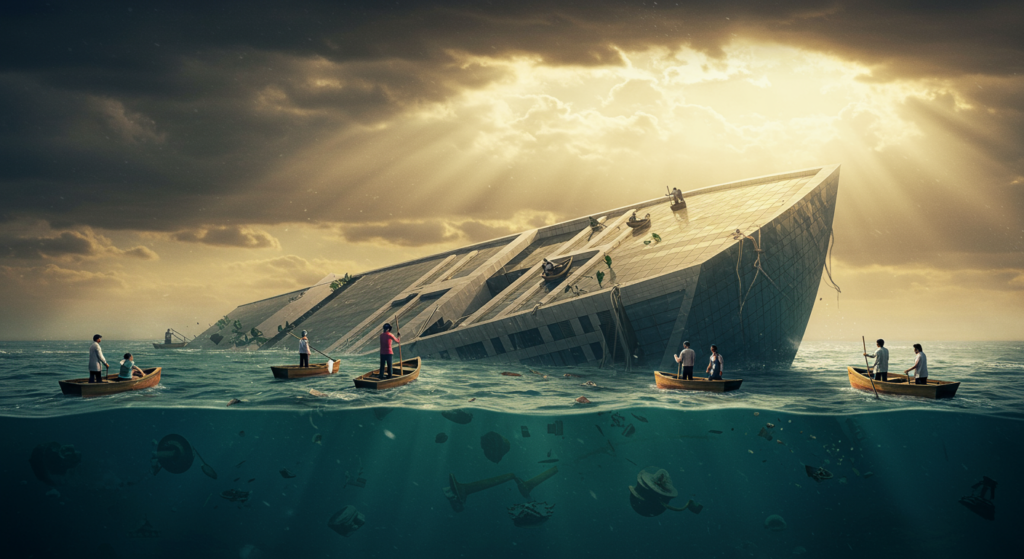 An Indian corporate office building partially submerged in water, symbolizing economic challenges. Resilient Indian professionals are navigating the waters in small boats, depicting survival and adaptation during layoffs in India's job market