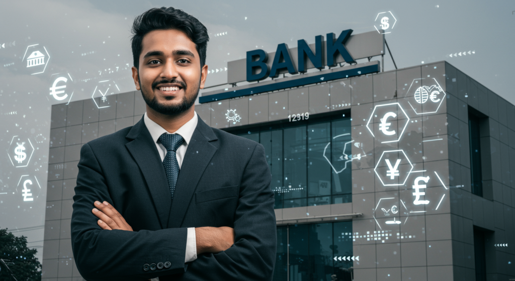 An aspiring Indian banker standing outside a bank building, symbolizing preparation and confidence before joining a bank job.Things You Should Learn Before Entering Into a Bank Job in India