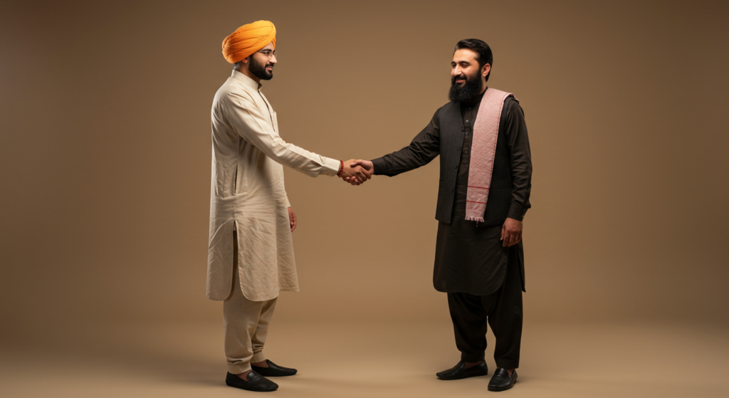 India and Afghanistan economic relations — flags of both nations with trade containers, cargo routes, and infrastructure projects symbolizing growing bilateral relations