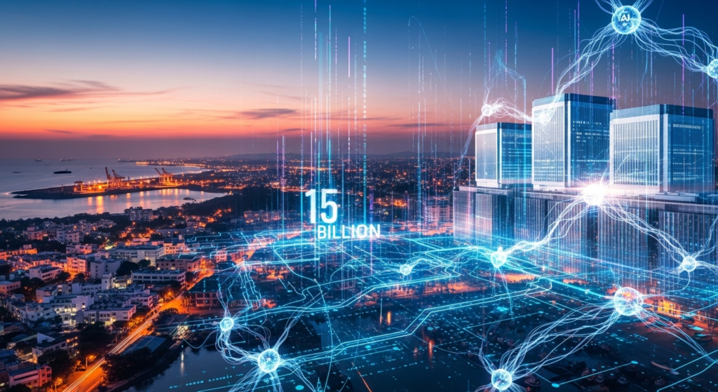 Google's $15 billion AI data hub in Visakhapatnam, India, featuring futuristic digital networks over a cityscape at dusk, symbolizing technological advancement and economic growth