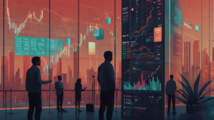 "Illustration explaining what is a share/stock with people holding shares, stock market charts, and company ownership concept.