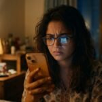 Young Indian woman checking smartphone at night, representing cybersecurity in India and online fraud risks