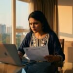 Young Indian student reviewing US student visa application documents for Fall 2026 intake at a modern Bengaluru apartment desk