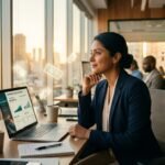 Young professional reviewing a 401k match dashboard on a laptop as dollar bills drift past in warm office light