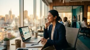 Young professional reviewing a 401k match dashboard on a laptop as dollar bills drift past in warm office light