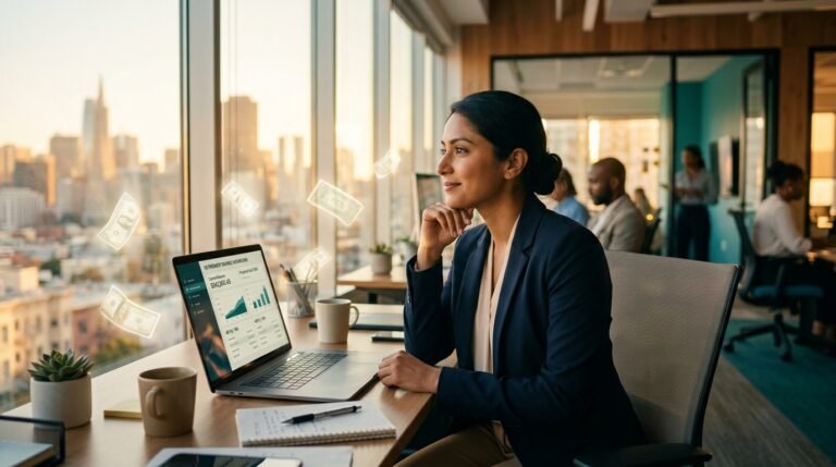 Young professional reviewing a 401k match dashboard on a laptop as dollar bills drift past in warm office light