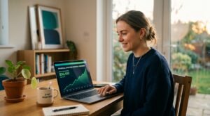 Young woman working from home on a laptop, illustrating how to earn $100 a day online with no experience.
