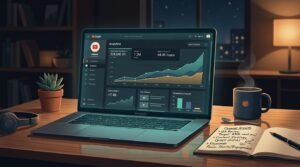YouTube analytics dashboard on a glowing laptop representing a faceless YouTube channel earning money online without a camera