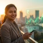 Young Indian investor checking the future of cryptocurrency in India on a smartphone at sunset over a city skyline