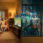 Illustration showing how IPL affects businesses across India, from cheering families to busy night-time delivery riders