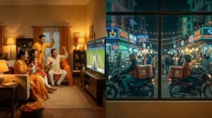 Illustration showing how IPL affects businesses across India, from cheering families to busy night-time delivery riders