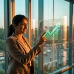 Young Indian professional reviewing a growth chart showing rising revenue per employee in a modern office