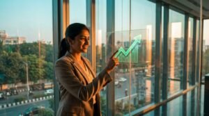 Young Indian professional reviewing a growth chart showing rising revenue per employee in a modern office