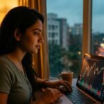 Young Indian investor analysing a volatile Sensex and Nifty chart on a laptop during the Indian stock market 2026 correction