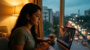 Young Indian investor analysing a volatile Sensex and Nifty chart on a laptop during the Indian stock market 2026 correction