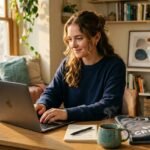 Young creator at a laptop launching designs to make money with print on demand from a sunlit home desk