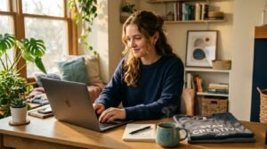 Young creator at a laptop launching designs to make money with print on demand from a sunlit home desk