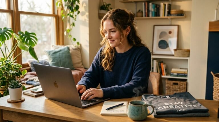 Young creator at a laptop launching designs to make money with print on demand from a sunlit home desk