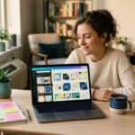 Young woman at a laptop designing graphics, showing how to make money with Canva without design skills in 2026.