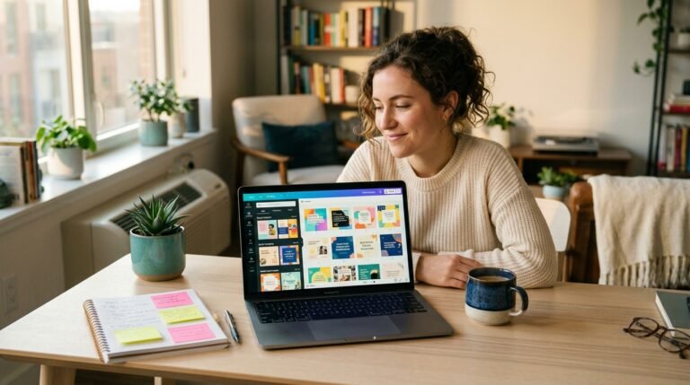 Young woman at a laptop designing graphics, showing how to make money with Canva without design skills in 2026.