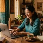 Young Indian freelancer using a laptop at home to make money with ChatGPT as a side hustle