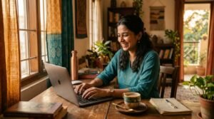 Young Indian freelancer using a laptop at home to make money with ChatGPT as a side hustle