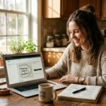 Woman planning a print on demand business at home, reviewing mug and t-shirt mockup designs on a laptop